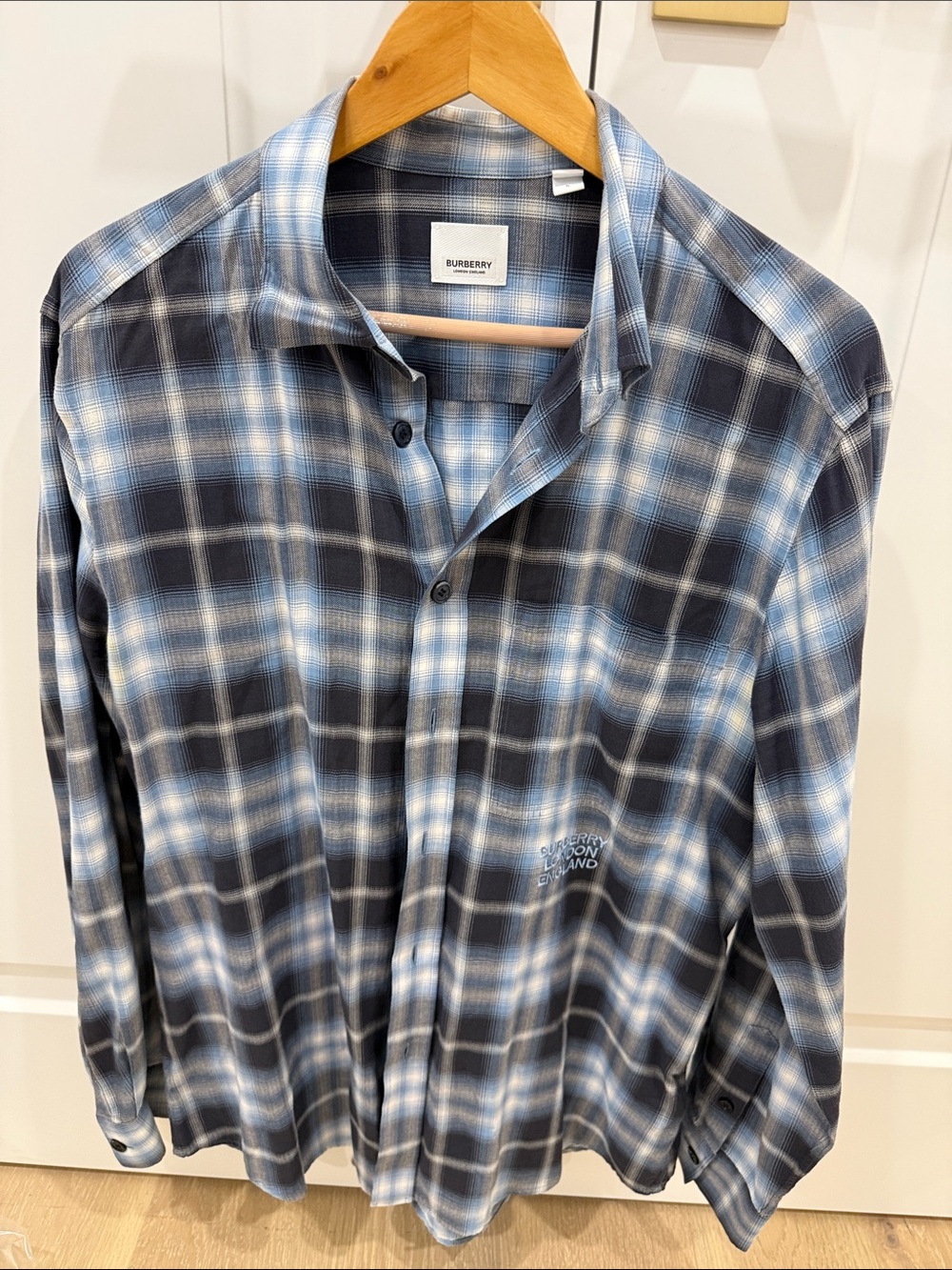 Burberry Men's Blue and Black Plaid Button-Down Shirt